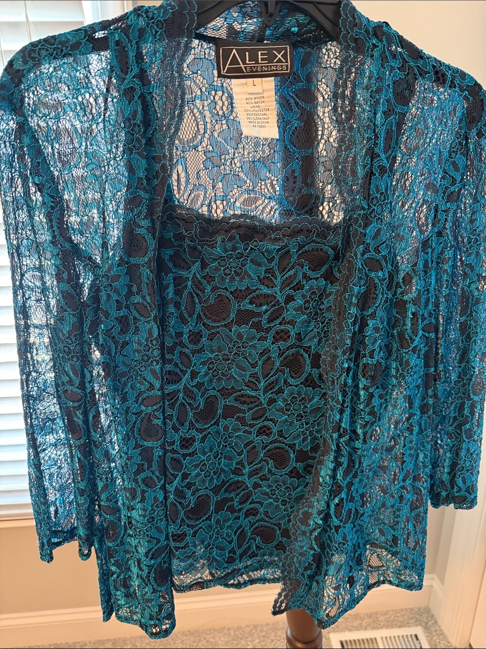 Alex Evenings Teal Lace Jacket and Tank Two-Piece Set